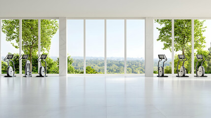 Fototapeta premium Modern gym with scenic view, cardio machines, wellness