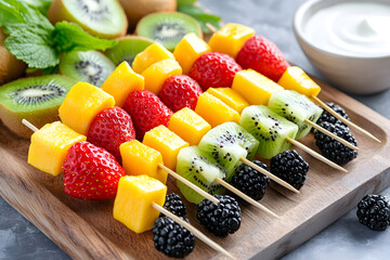 Fresh fruit skewers with strawberries, mango, kiwi, and blackberries, healthy snack