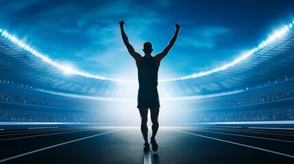 Victorious Athlete at Stadium Finish Line - Silhouetted runner celebrates victory, arms raised high, at the finish line of a stadium track