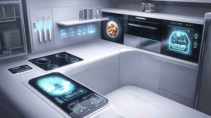 Futuristic kitchen with interactive displays, preparing food