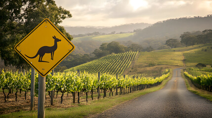 Kangaroo road sign with vineyard and countryside landscape in the background