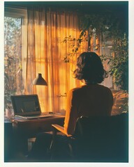 A woman is sitting at a desk with a laptop in front of her
