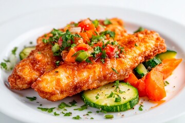 Deliciously plated crispy fish with fresh vegetables in a vibrant setting
