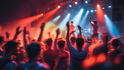 Vibrant and Energetic Live Concert with Dynamic Stage Lights and Crowded Atmosphere
