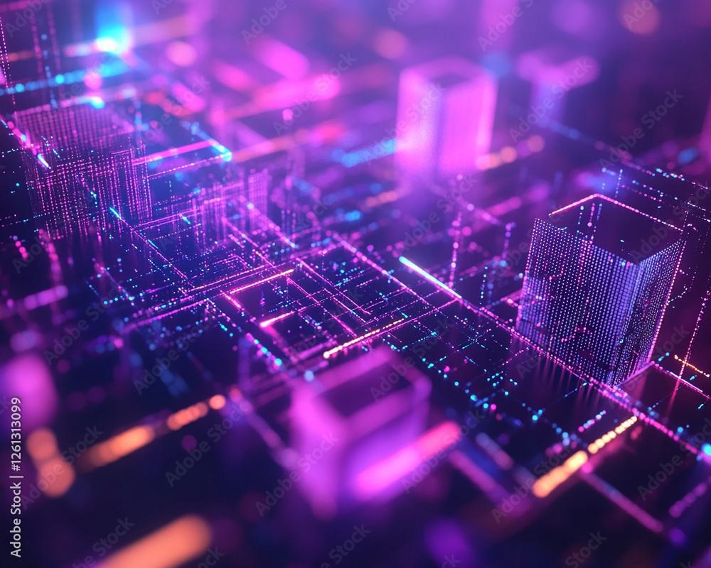 Poster Abstract 3D representation of a digital grid with glowing neon lines and cubes, symbolizing technology, data flow, and futuristic design in a virtual, digital environment.