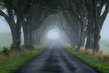 Fototapeta premium Straight road flanked by trees in the rain, leading into a misty horizon.