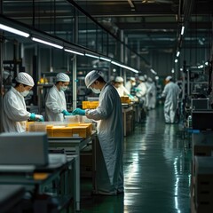 Fototapeta premium A group of workers in a factory wearing white lab coats and gloves