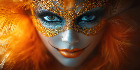 Close-up of a woman with a golden mask, shimmering makeup, and vibrant orange feathers. Generated with AI.