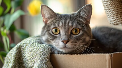 Curious gray tabby cat playfully peeks out from a box