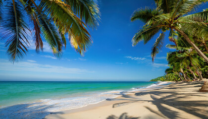 A beautiful tropical beach with golden sand, turquoise water, and tall palm trees under a clear blue sky.