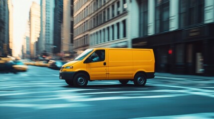 Dynamic Urban Parcel Delivery: Bright Yellow Van Navigating Busy City Street for Efficient Service
