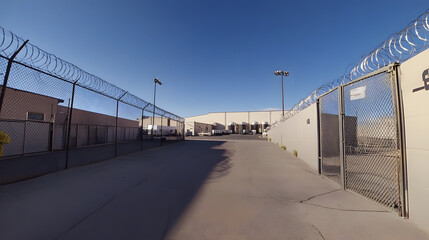 Fototapeta premium Panoramic View of High Security Fence Surrounding Warehouse with Barbed Wire