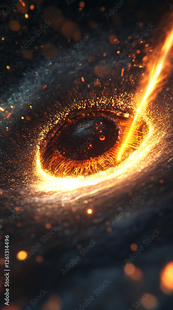 Poster close-up of a glowing fiery eye surrounded by sparks and energy, symbolizing intense power and focus