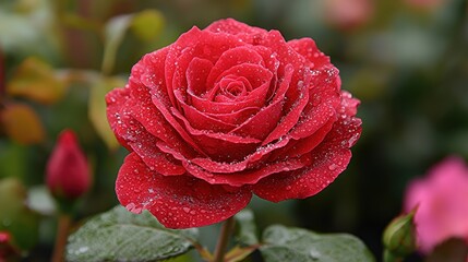 A close-up view of a radiant red rose in full bloom, delicately adorned with glistening dew droplets, with ample space for text.