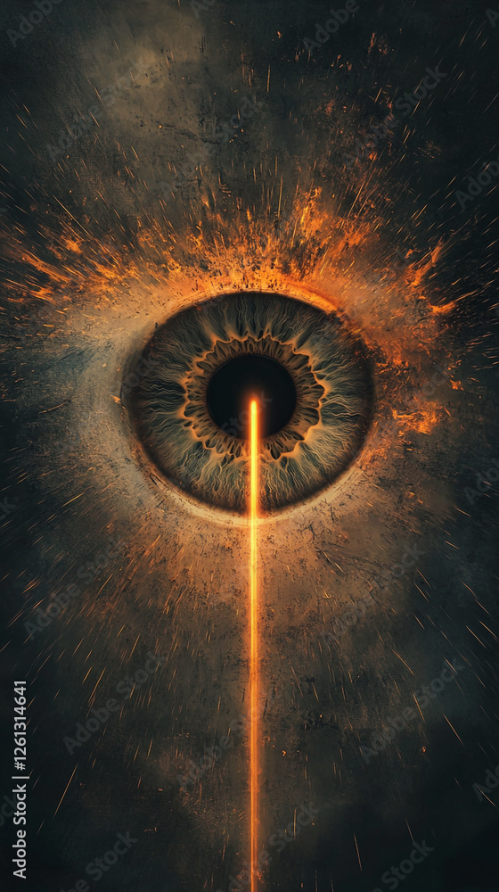 Poster close-up of a fiery eye with sparks and glowing light, symbolizing intense power and energy, represe