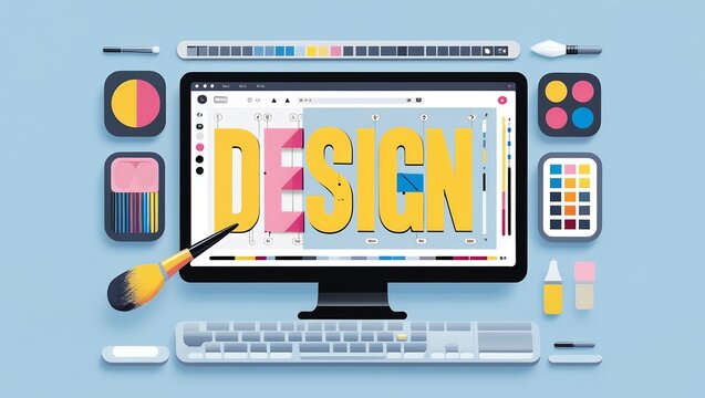 Bold 'DESIGN' Displayed on a Digital Interface with Artistic Tools