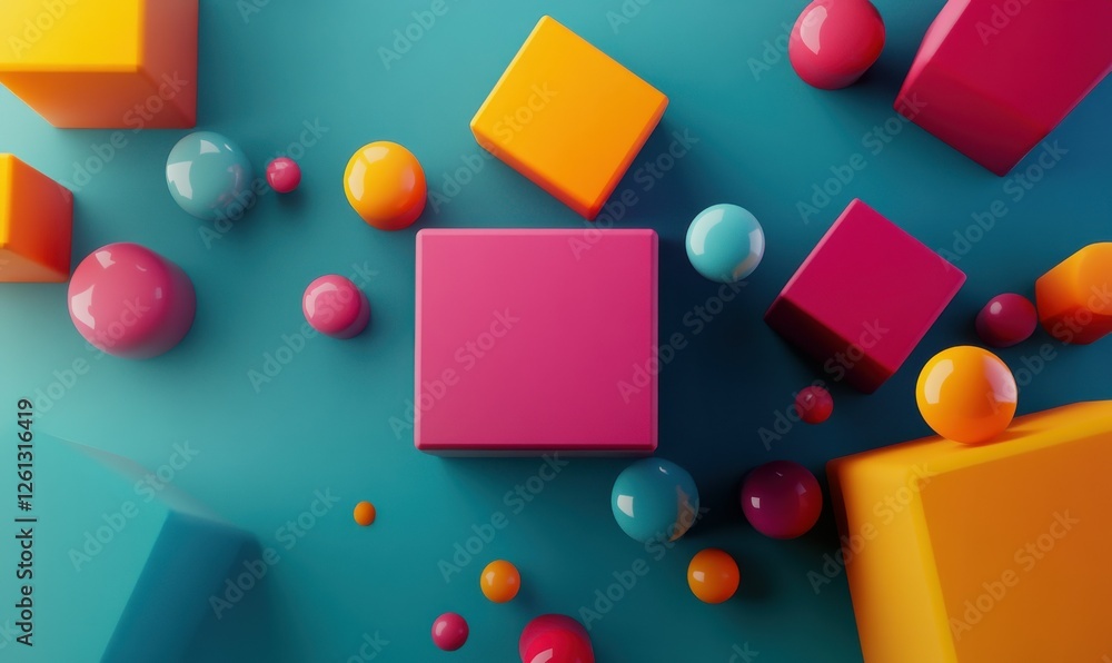 Poster a background design with an abstract 3d render of vibrant bubbles and cubes.
