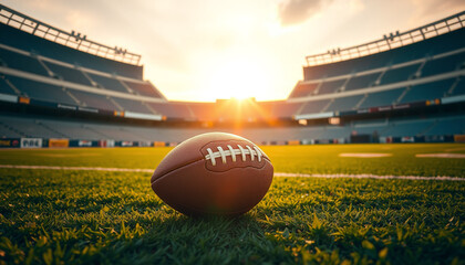 A football placed on the field at sunset, symbolizing anticipation before a big game in a stadium setting.