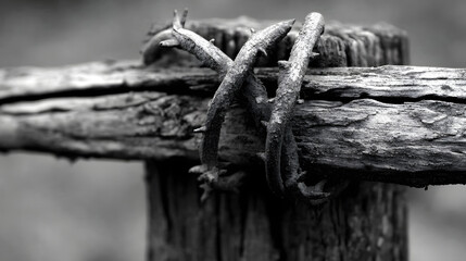 Rustic fence post with coiled barbed wire in rural setting