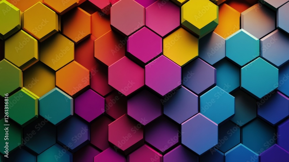 Poster creating vibrant multicolored hexagon patterns digital art studio graphic design project creative en