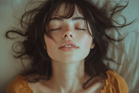 Sexy sensual young black haired woman getting sexual pleasure, orgasm in bed. Erotic, sex, masturbation