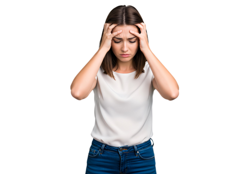 Woman overwhelmed with stress and concern, confusion and doubt, hands to head, isolated