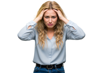 Woman overwhelmed with stress and concern, confusion and doubt, hands to head, isolated