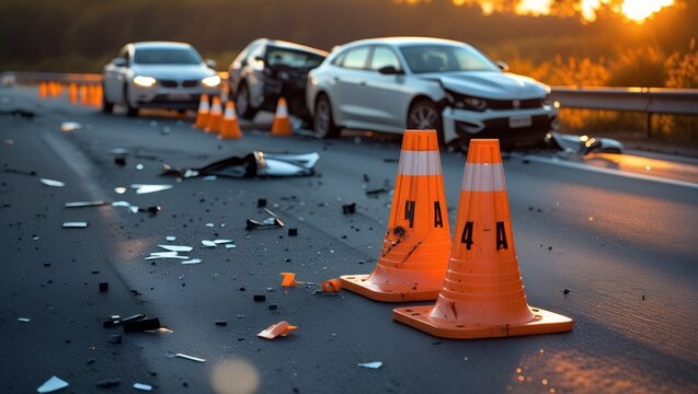 Aftermath of a Crash with Cars and Debris on the Road