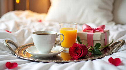 Fototapeta premium Romantic breakfast in bed with coffee, orange juice, red rose, and a gift box.