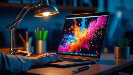 Modern Desk with Digital Design and Cozy Atmosphere For Graphic Designers