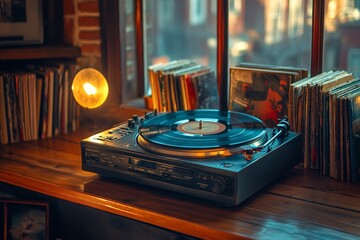 Vintage turntable playing vinyl records by window