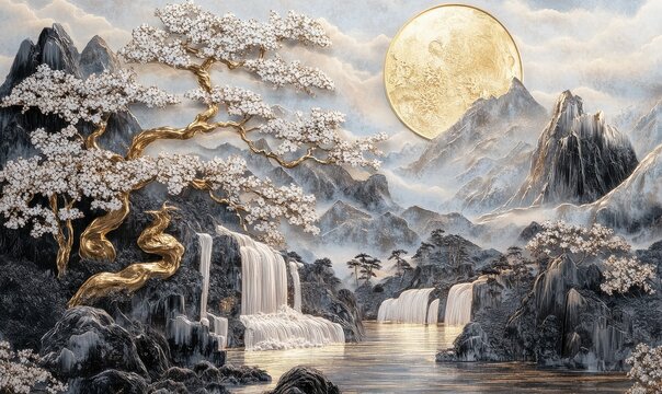 A Japanese-style digital relief painting depicting a golden and silver tree, a mountain landscape with waterfalls, sakura flowers, and a golden moon.