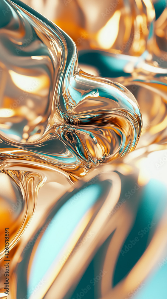 Poster close-up of smooth, flowing liquid in gold and teal tones, creating an abstract, dynamic composition