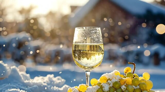 Camera up the glass of white wine on snow in winter and ripe bunch of grapes. Snowy sunny day