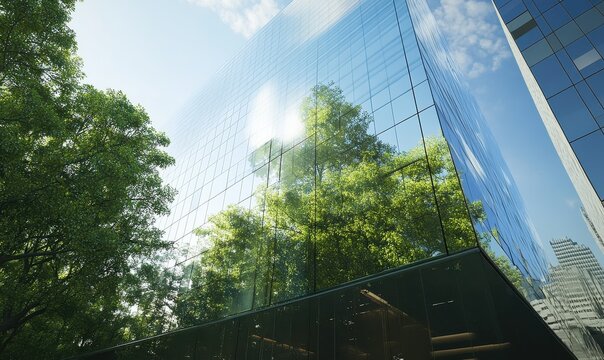 A corporate glass fasade reflecting green trees exemplifies environmental social governance sustainability