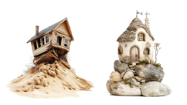 House Constructed on Sand vs House Constructed on Rock Isolated on White Background, Parable of Wise and Foolish Builders Biblical Concept