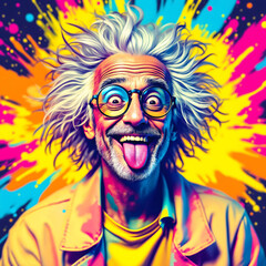 Vibrant Abstract Portrait of a Mad Scientist with Crazy Expression
