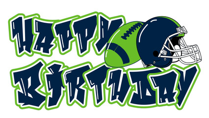 happy Birthday - Navy blue and neon green football player helmet and ball, sport vector graphics, hockey, for street art - graffiti lettering typography - art illustration - multicolor - writen		