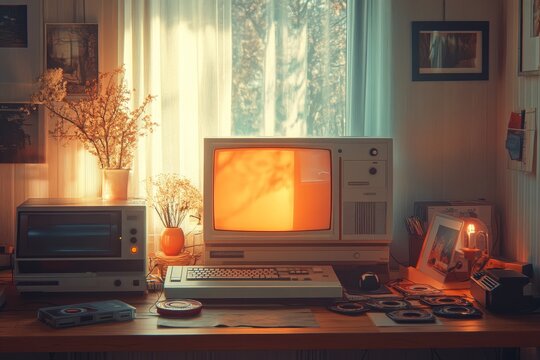 Retro computer setup, sunlit room, nostalgic home office - Powered by Adobe