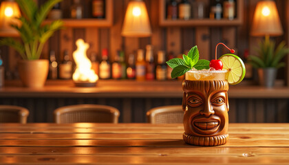 Tiki mug filled with mai tai cocktail garnished with mint leaves, cherry, and lime wheel on a rustic bar countertop, tropical drink concept.