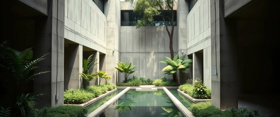 A serene, enclosed brutalist courtyard with tall raw concrete walls, softened by lush greenery and a