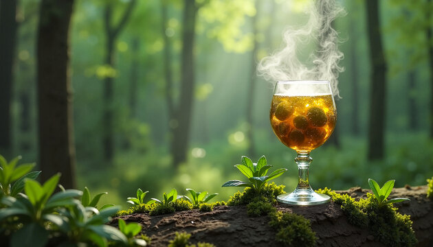 Goblet glass with herbal elixir emitting steam in a mystical forest, captivating nature concept.