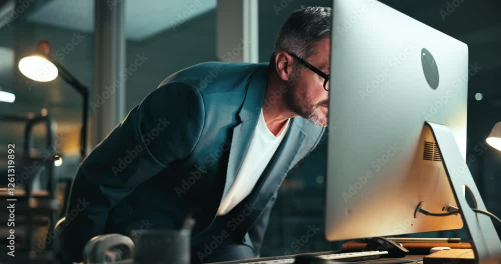 Fototapete Night, mature man and computer with feedback for coding, programing and software engineer system update. Overtime, network and person for project management deadline, partnership and development