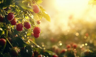 A detailed shot of ripe raspberries on a bush, with the background blurred by sunlight.