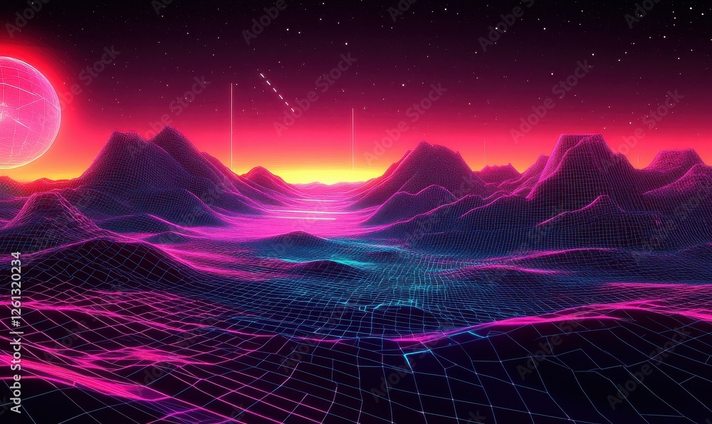 Poster a digital landscape features a pixelated grid and neon lights, symbolizing futuristic technology and