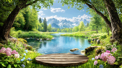 Serene mountain lake spring landscape, wooden platform, nature background, idyllic travel poster