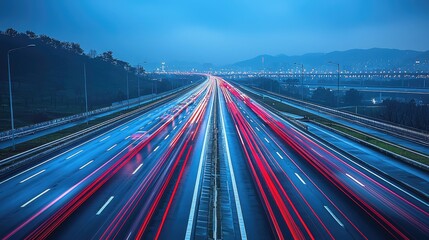Fototapeta premium Futuristic Highway Light Trails at Sunset – Long Exposure Photography of Motion and Speed