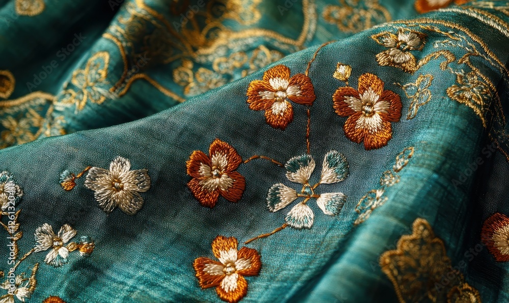 Poster a near view of intricate hand embroidery displaying clover and flower patterns on a teal fabric.