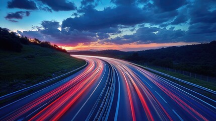 Naklejka premium Futuristic Highway Light Trails at Sunset, Long Exposure Photography of Motion and Speed, Fast Moving Traffic on a Scenic Highway, Dynamic Motion Blur with Vibrant Lights