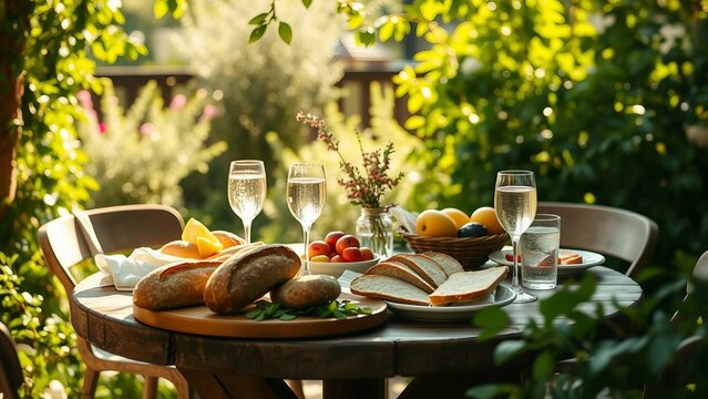 A rustic outdoor dining table surrounded by greenery, adorned with artisan bread, fresh fruits, and